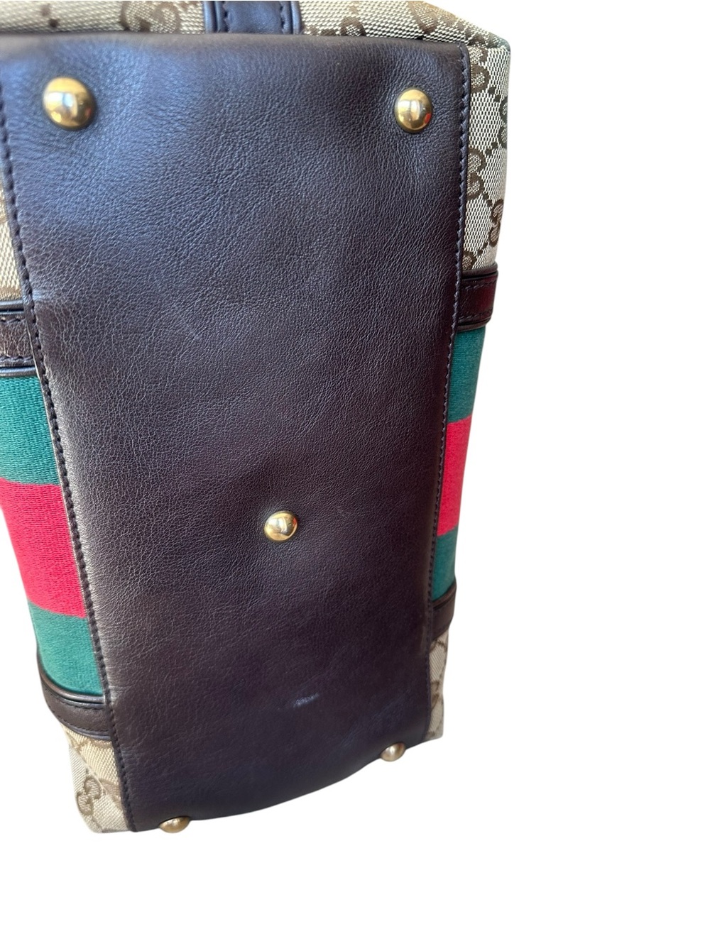 Gucci Brown Canvas & Leather Tote with Green and Red Stripe - Picture 6 of 10